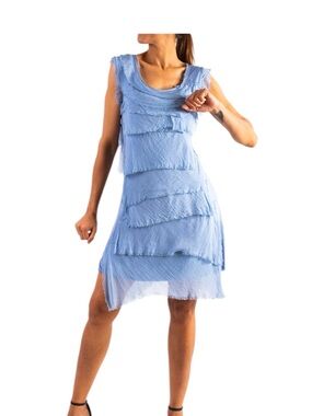 Gigi Moda Silk Sleeveless Ruffle Relax Fit Knee Length Stretchy Dress